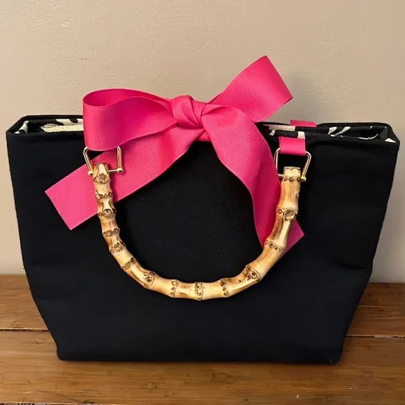 Keeks & Brie Navy Blue with Bright Pink Ribbon Handbag Satchel - Picture 1 of 11